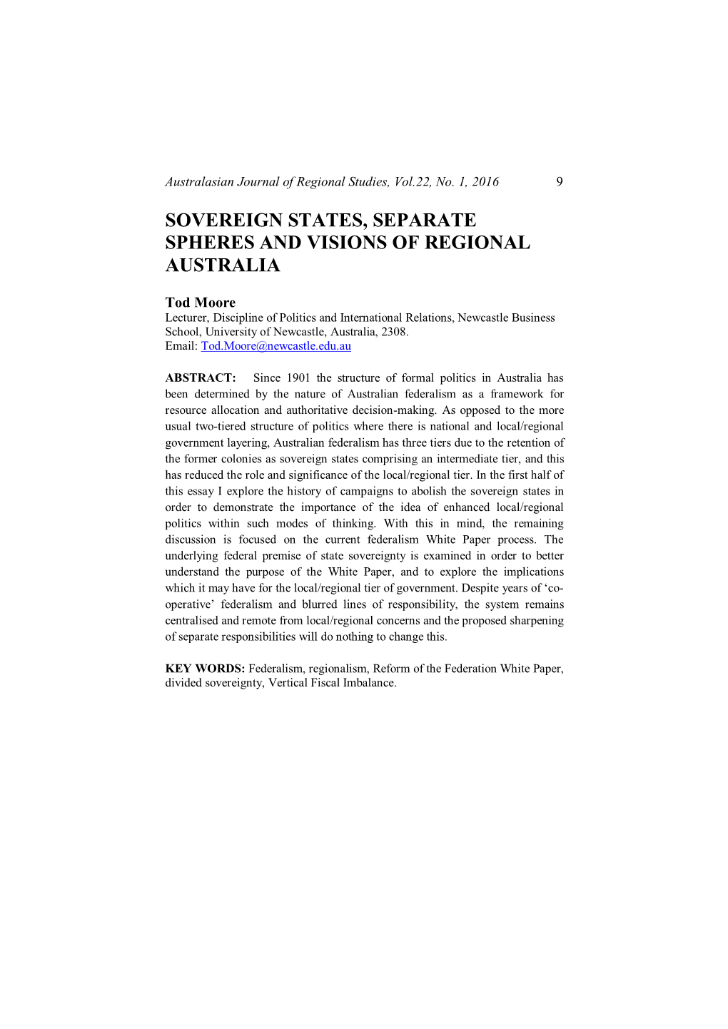 Sovereign States, Separate Spheres and Visions of Regional Australia