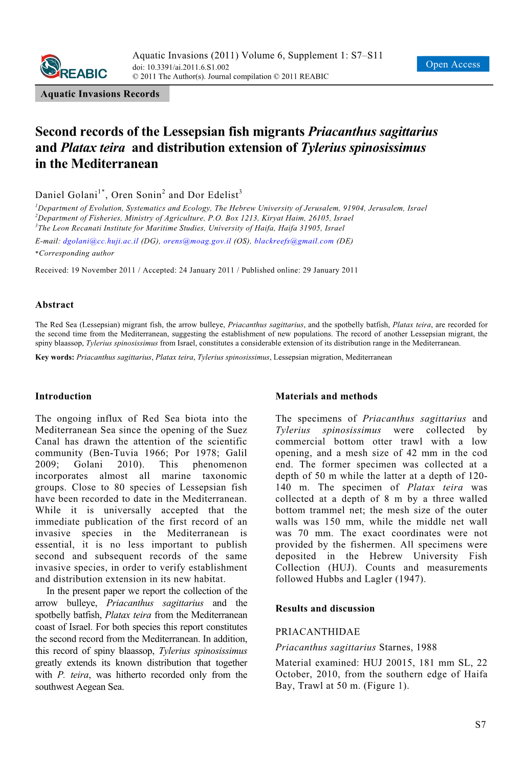 Second Records of the Lessepsian Fish Migrants Priacanthus Sagittarius and Platax Teira and Distribution Extension of Tylerius Spinosissimus in the Mediterranean