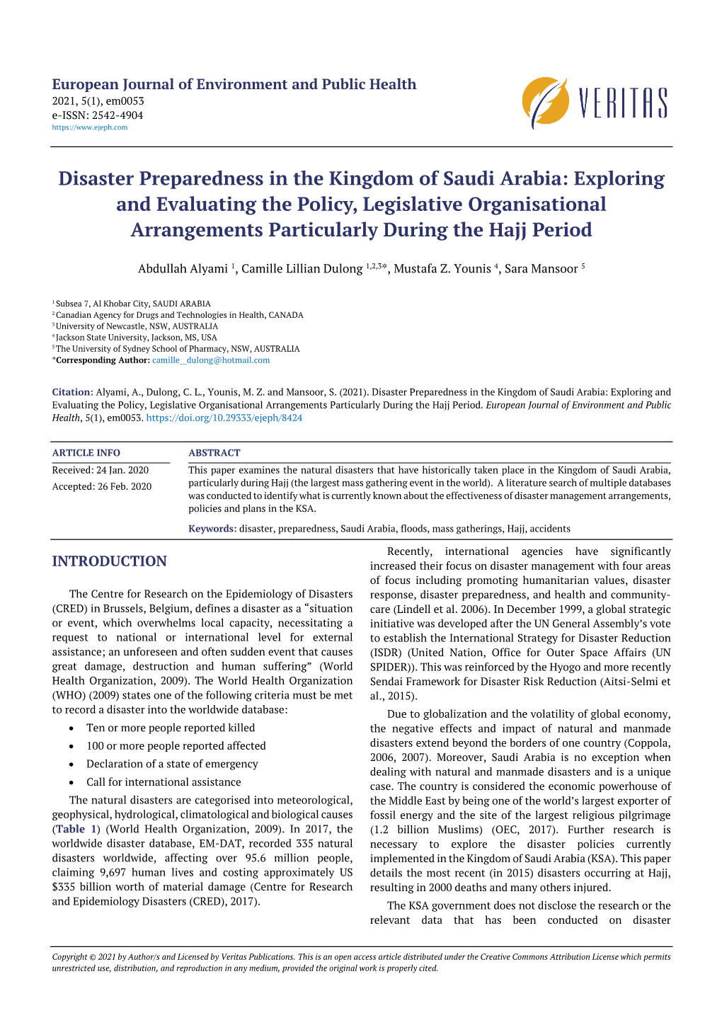 Disaster Preparedness in the Kingdom of Saudi Arabia