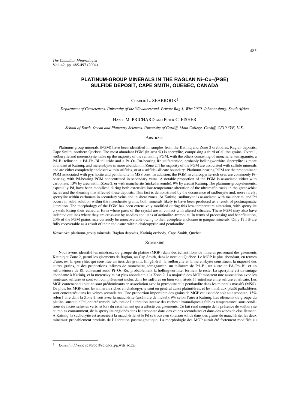 PLATINUM-GROUP MINERALS in the RAGLAN Ni–Cu–(PGE) SULFIDE DEPOSIT, CAPE SMITH, QUEBEC, CANADA