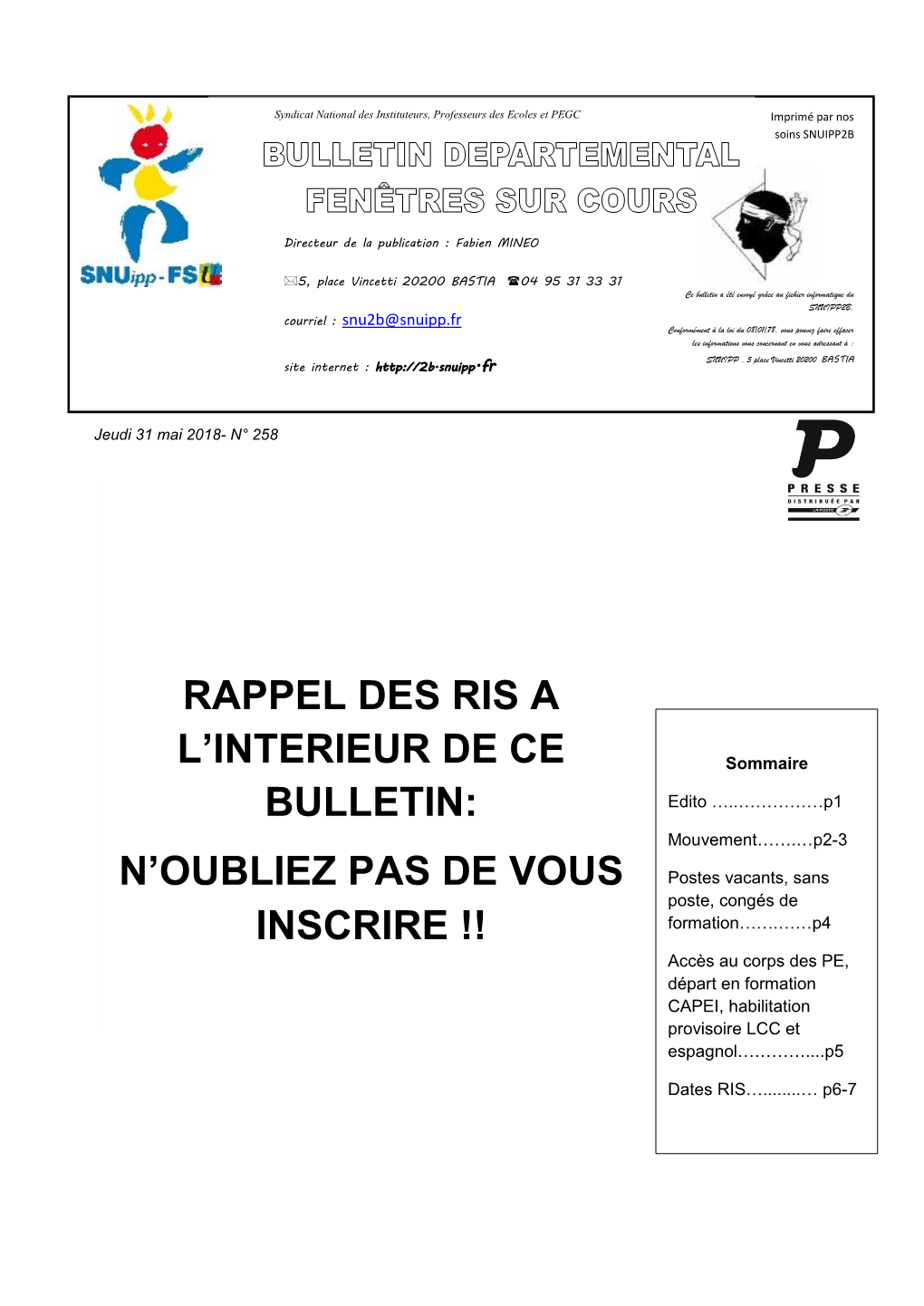 Rappel Des Ris a L'interieur De Ce Bulletin: N'oubliez Pas