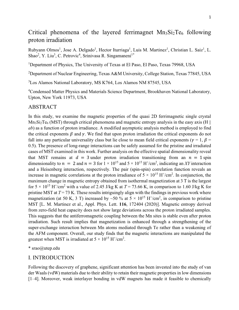 Critical Phenomena of the Layered Ferrimagnet Mn3si2te6 Following Proton Irradiation Rubyann Olmos1, Jose A