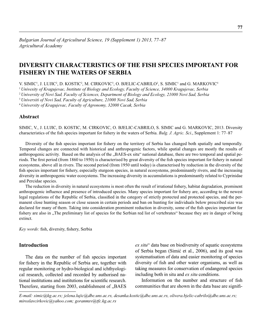 Diversity Characteristics of the Fish Species Important for Fishery in the Waters of Serbia