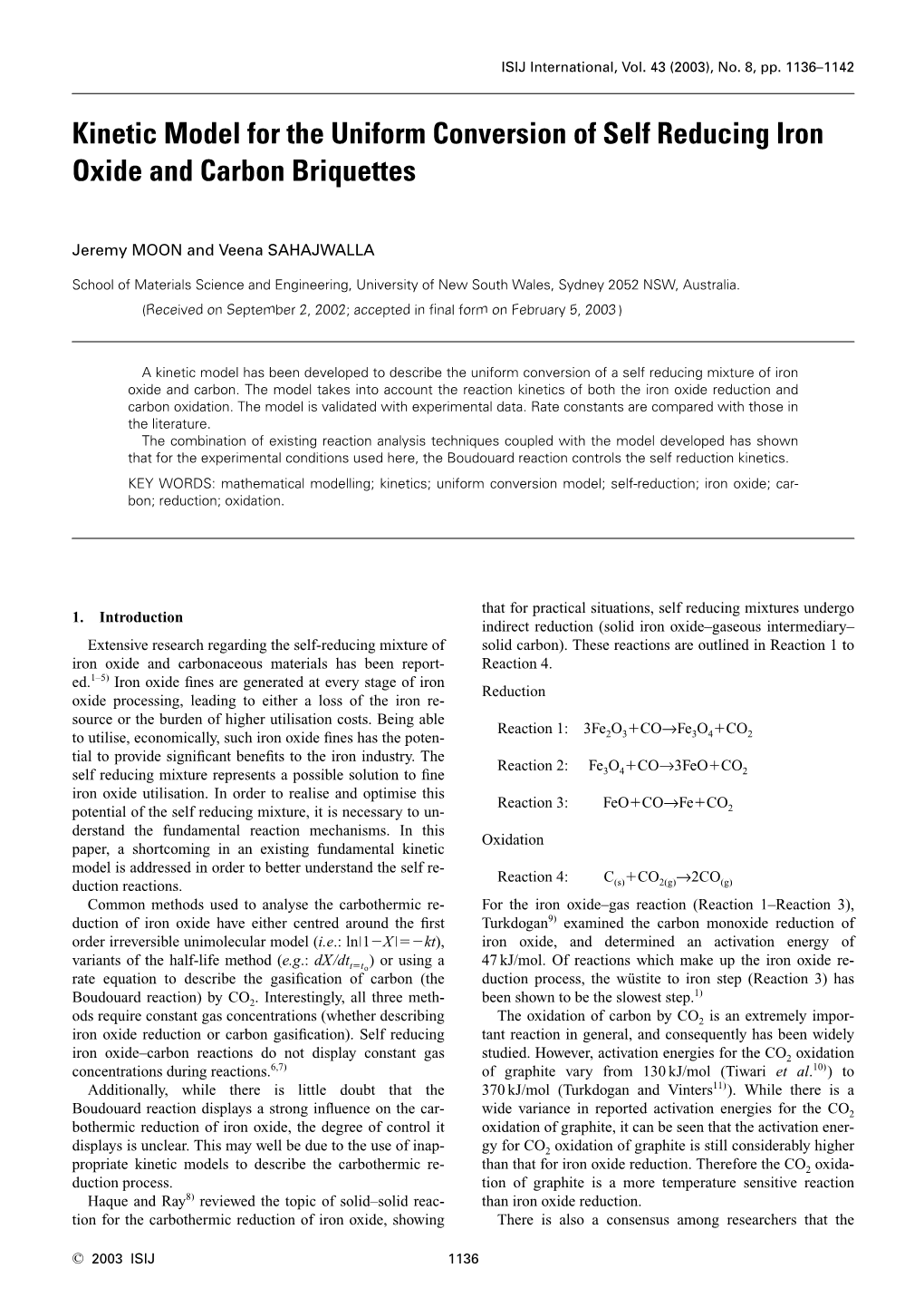 Kinetic Model for the Uniform Conversion of Self Reducing Iron Oxide and Carbon Briquettes