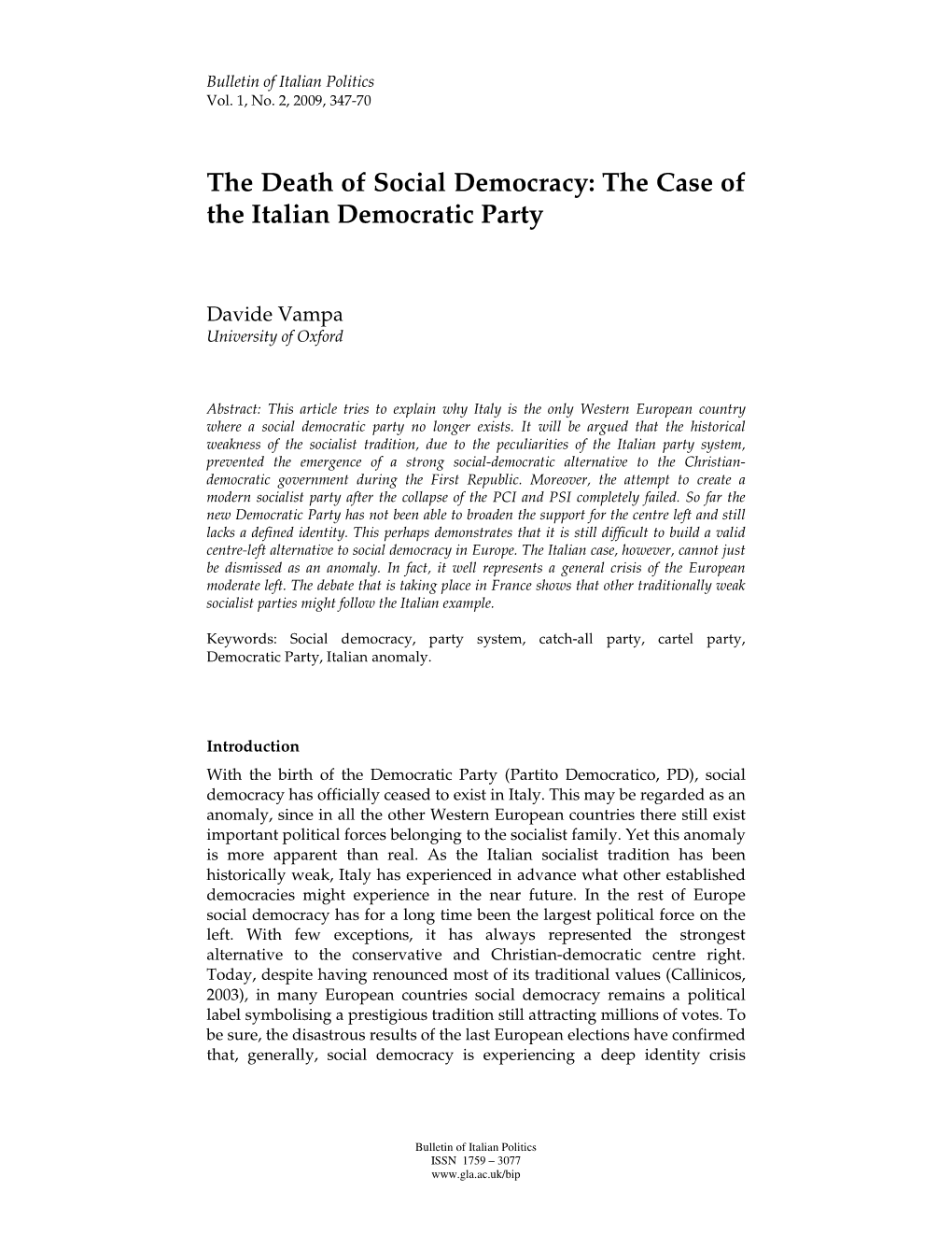 The Death of Social Democracy: the Case of the Italian Democratic Party