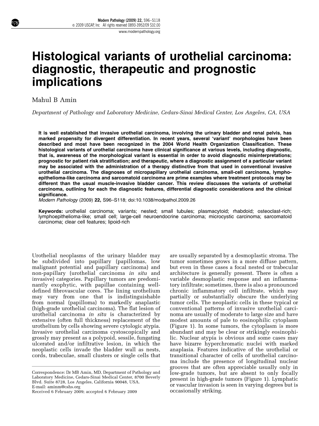 Histological Variants of Urothelial Carcinoma: Diagnostic, Therapeutic and Prognostic Implications