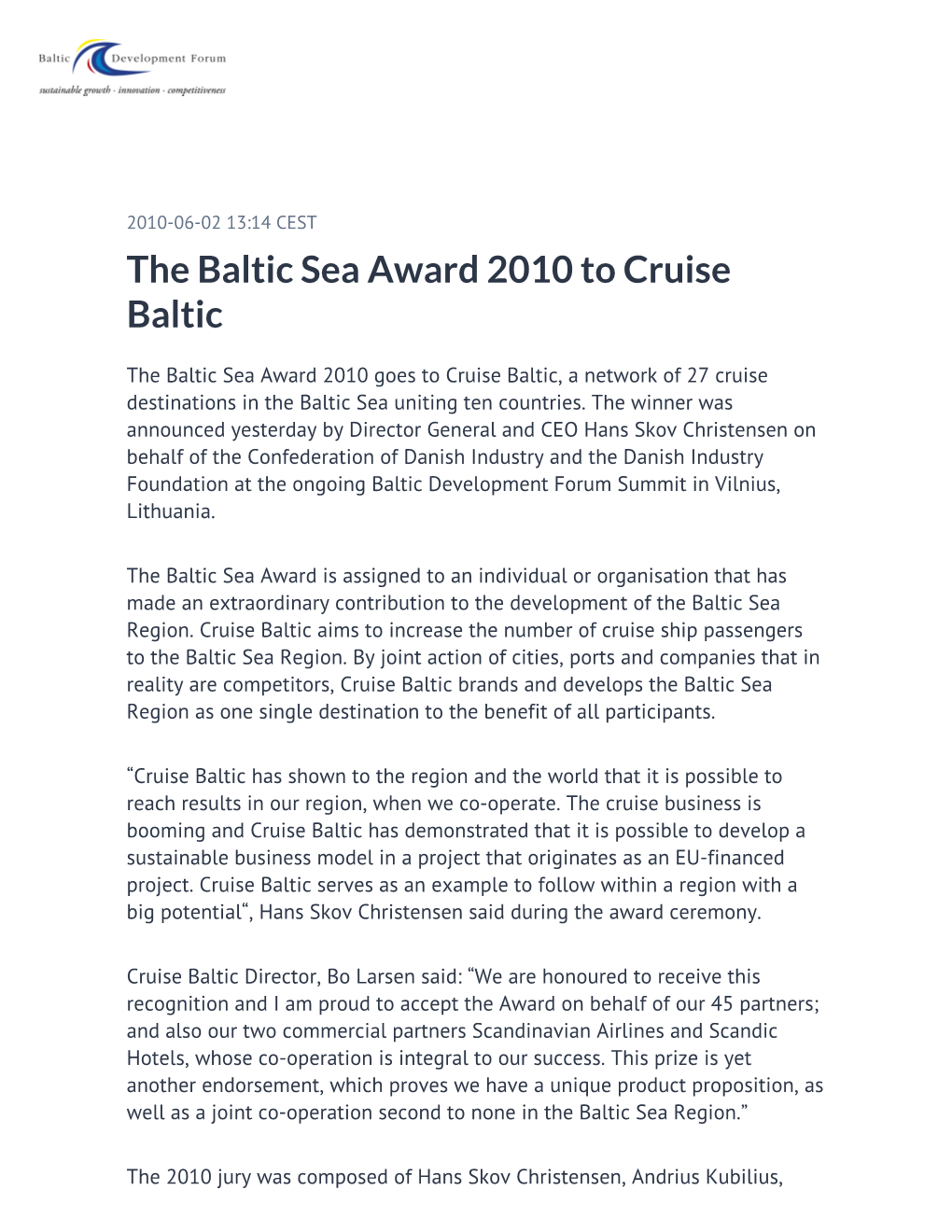 The Baltic Sea Award 2010 to Cruise Baltic