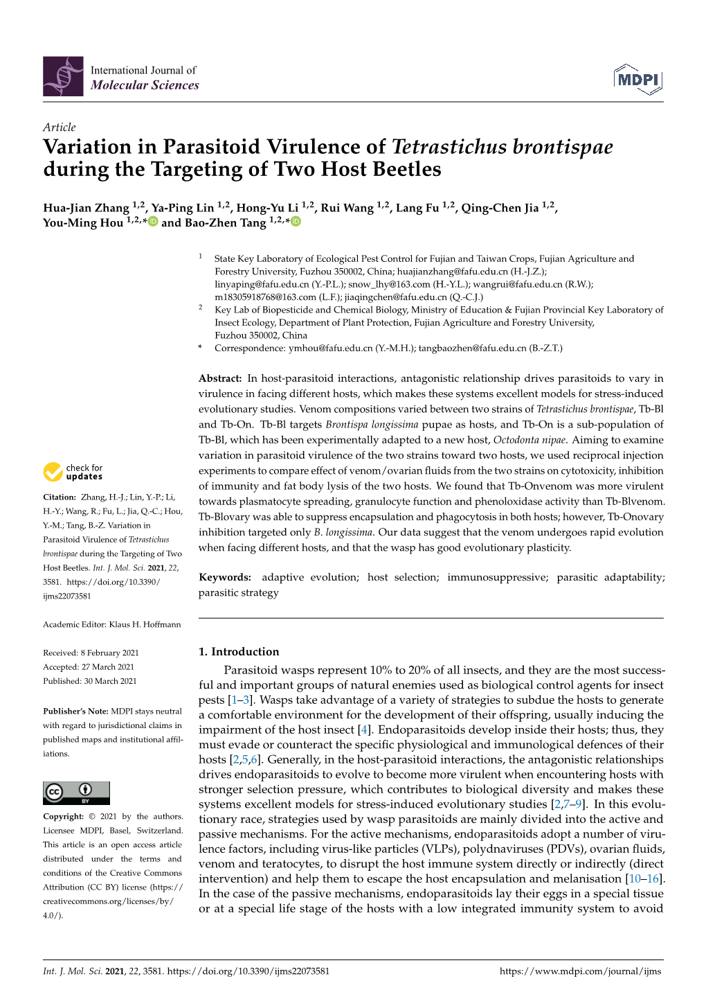 Variation in Parasitoid Virulence of Tetrastichus Brontispae During the Targeting of Two Host Beetles