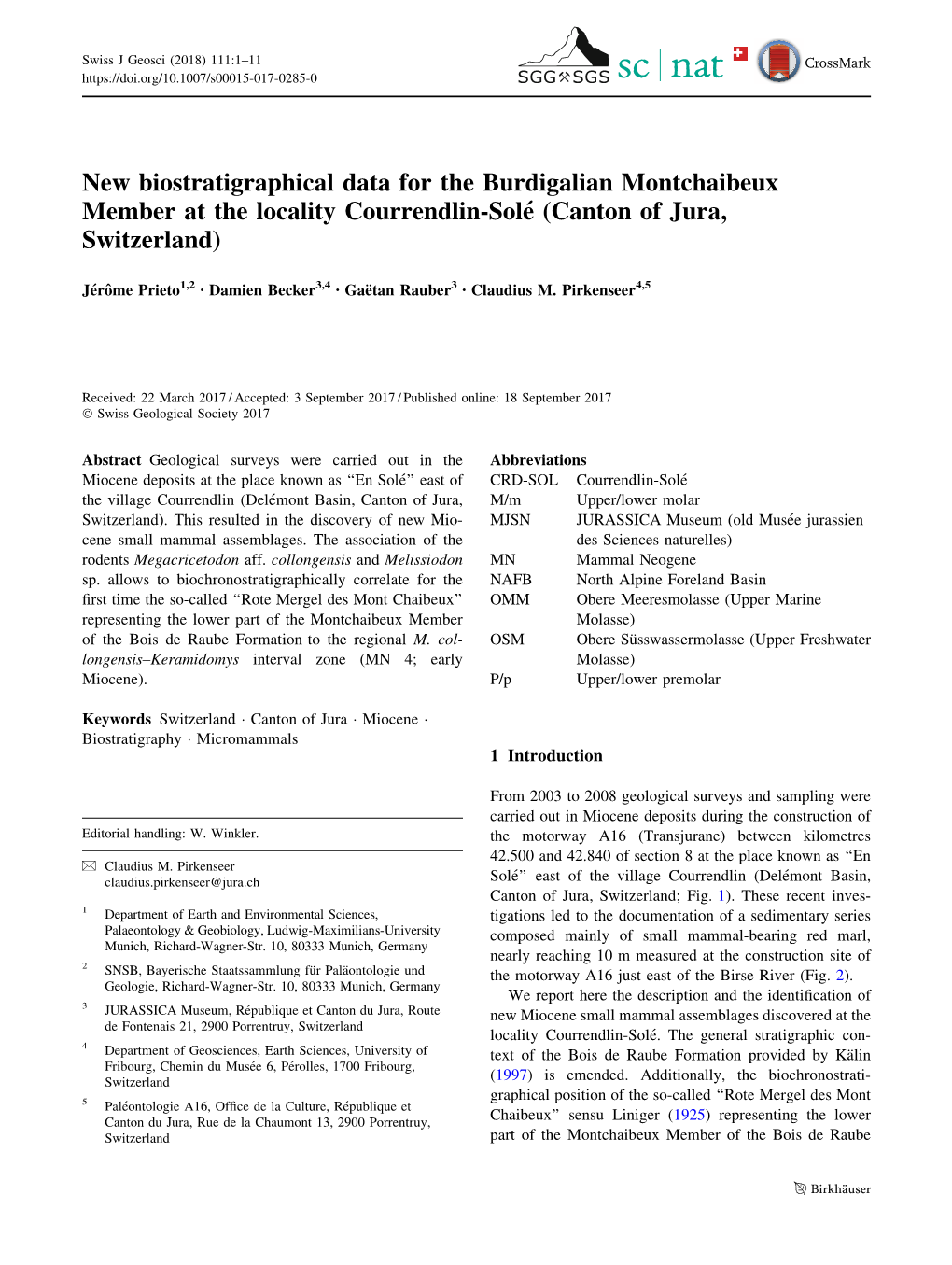 New Biostratigraphical Data for the Burdigalian Montchaibeux Member at the Locality Courrendlin-Solé (Canton of Jura, Switzerla
