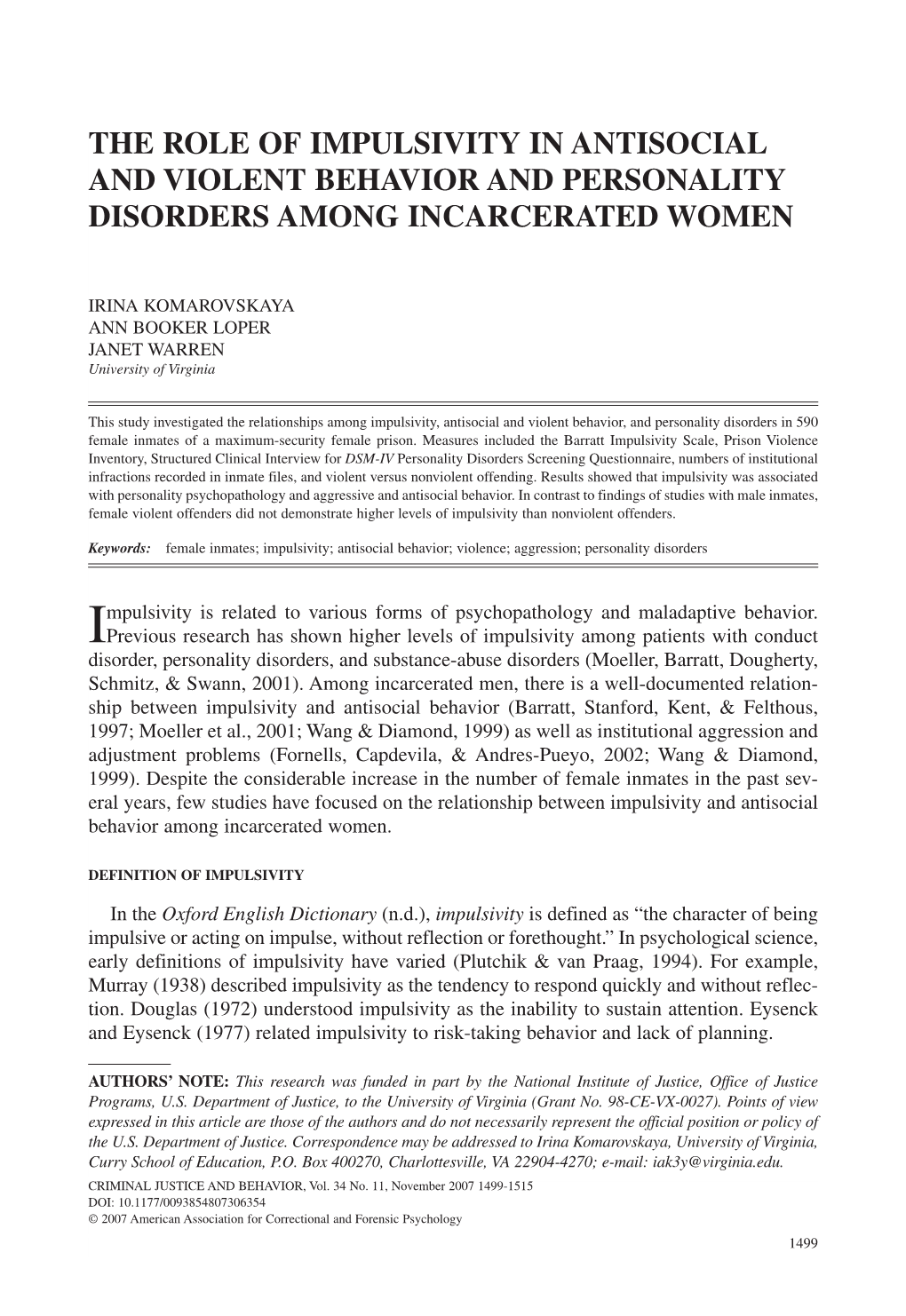 The Role of Impulsivity in Antisocial and Violent Behavior and Personality Disorders Among Incarcerated Women