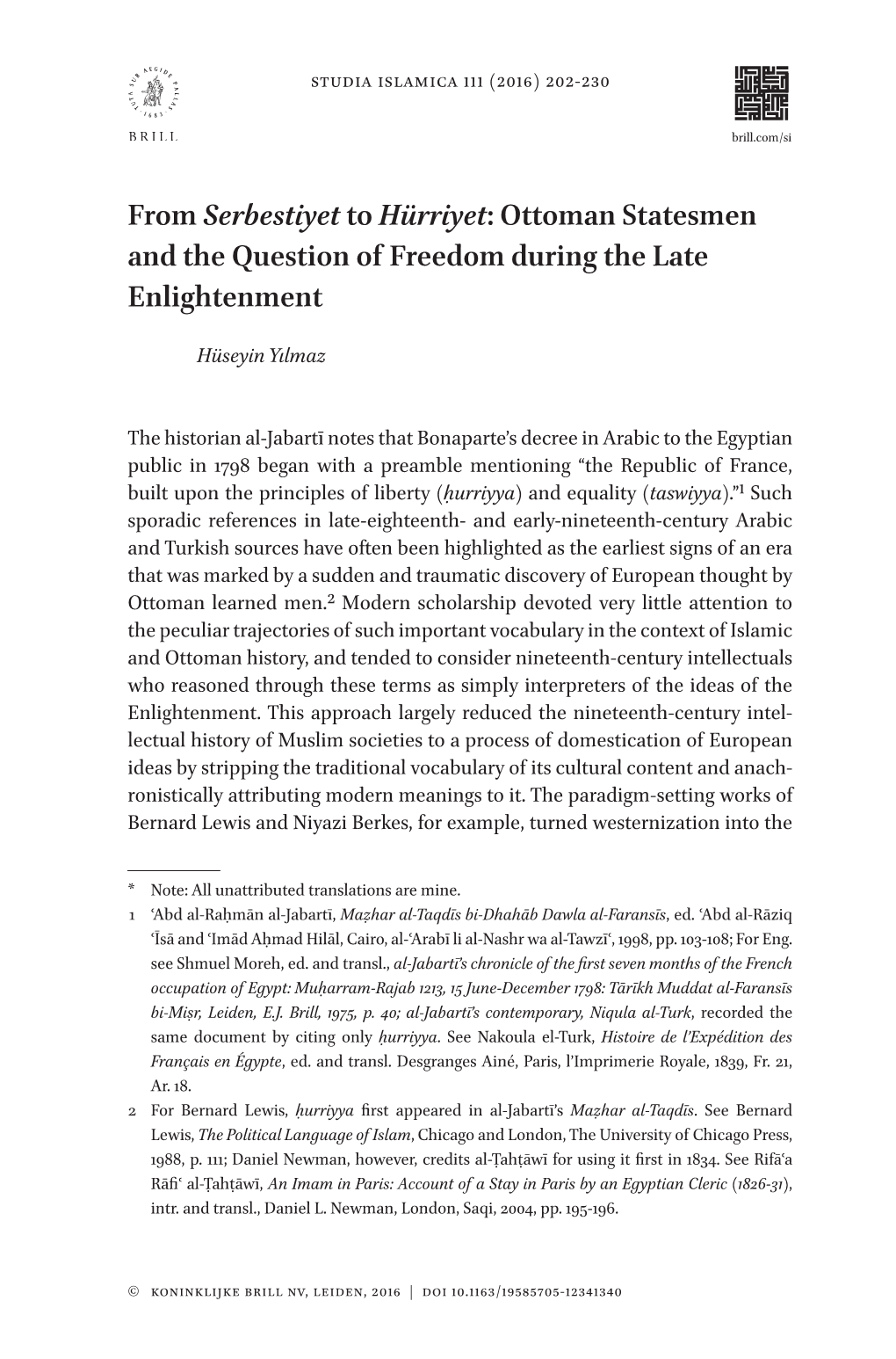 Ottoman Statesmen and the Question of Freedom During the Late Enlightenment