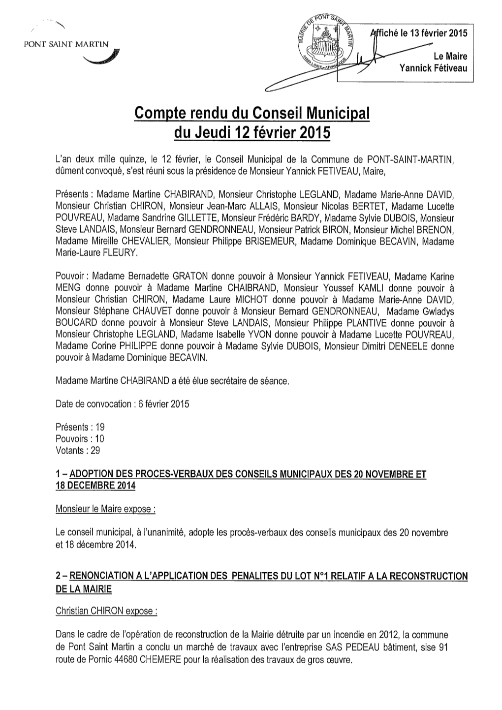 Compte Rendu Du Conseil Municipal Du Jeudi 12 Février 2015