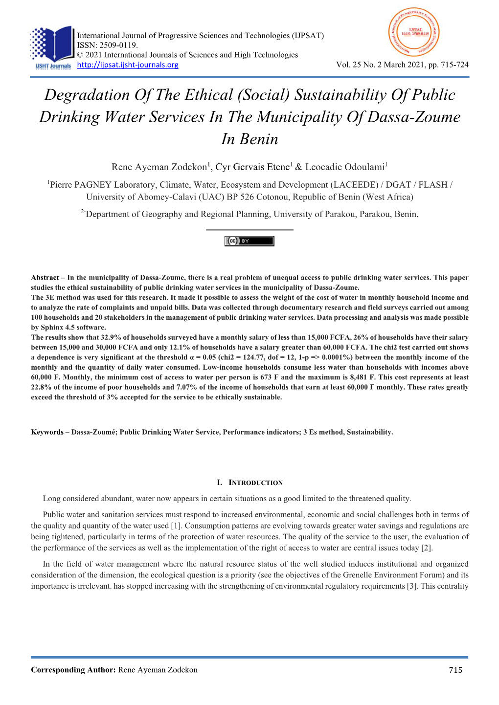 (Social) Sustainability of Public Drinking Water Services in the Municipality of Dassa-Zoume in Benin