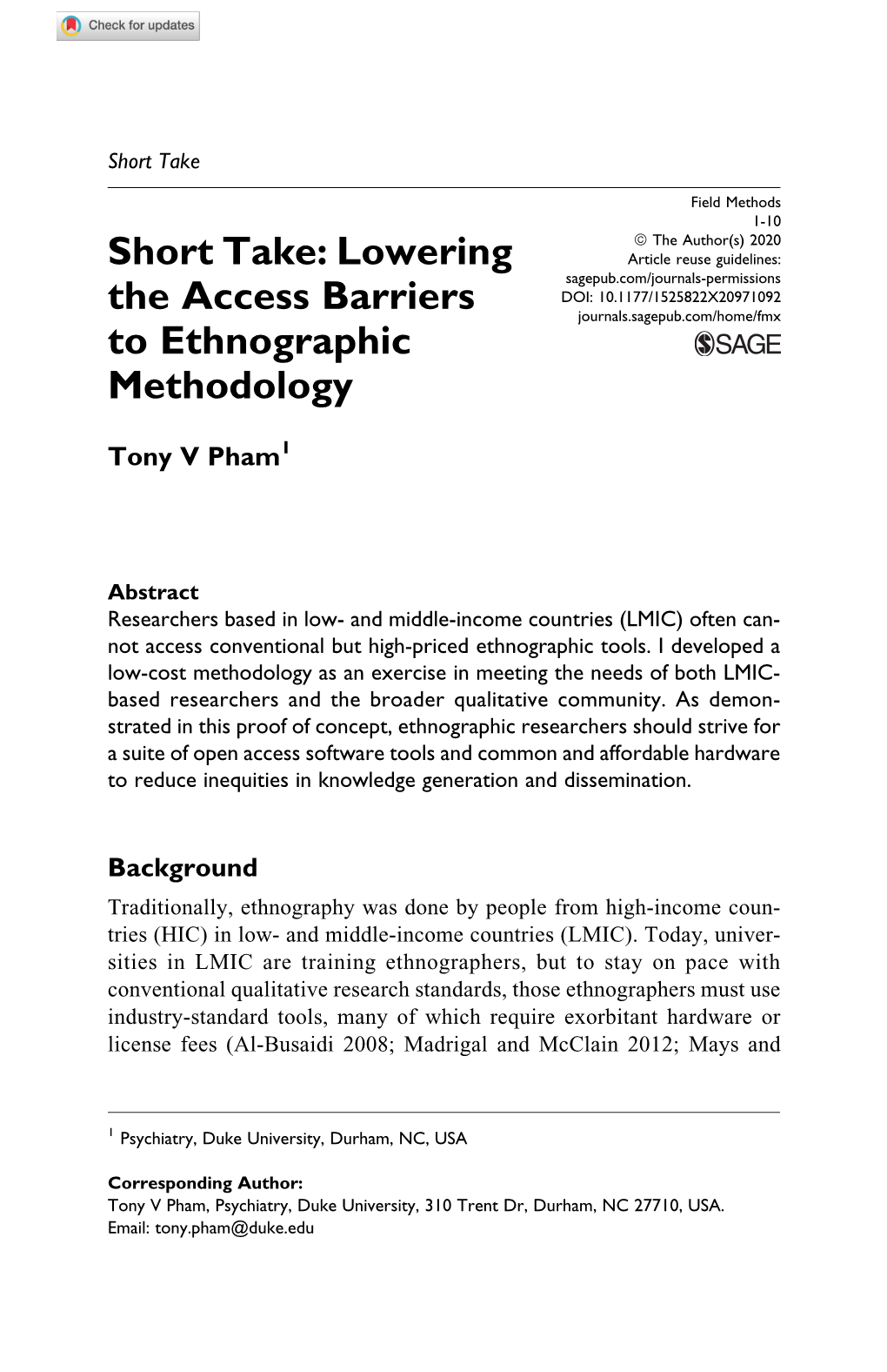 Short Take: Lowering the Access Barriers to Ethnographic Methodology