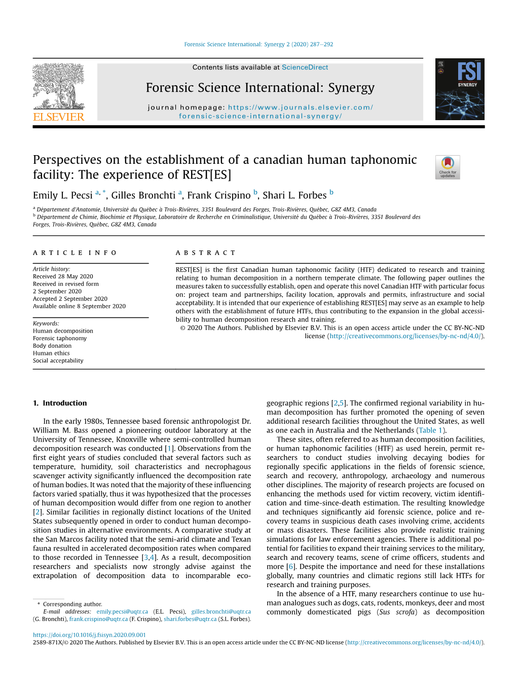 Perspectives on the Establishment of a Canadian Human Taphonomic Facility: the Experience of REST[ES]