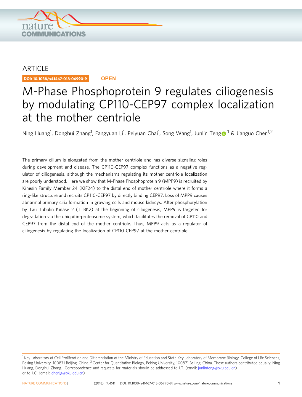 M-Phase Phosphoprotein 9 Regulates Ciliogenesis by Modulating CP110-CEP97 Complex Localization at the Mother Centriole