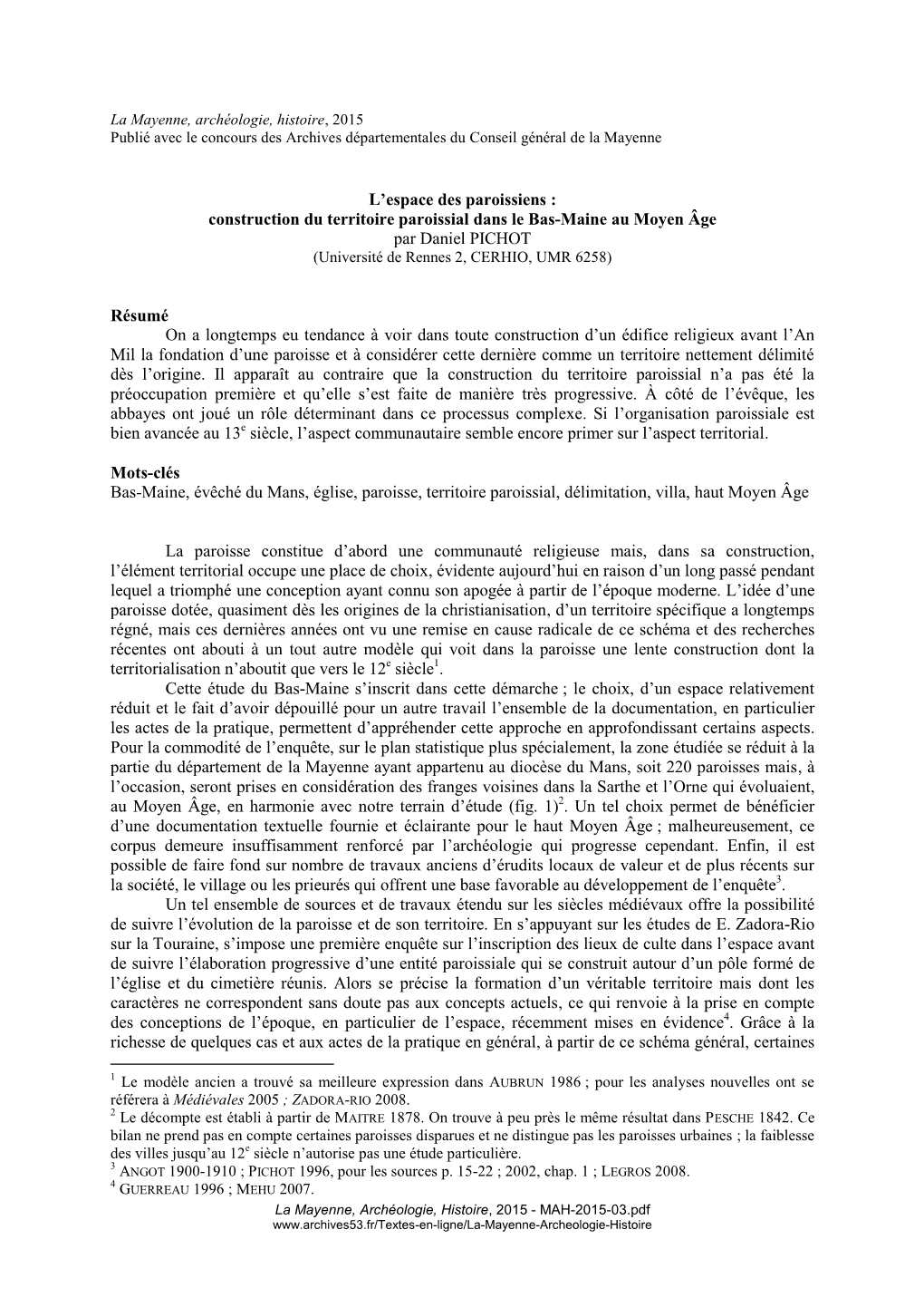 Construction Du Territoire Paroissial Dans Le Bas-Maine Au Moyen Âge Par Daniel PICHOT (Université De Rennes 2, CERHIO, UMR 6258)