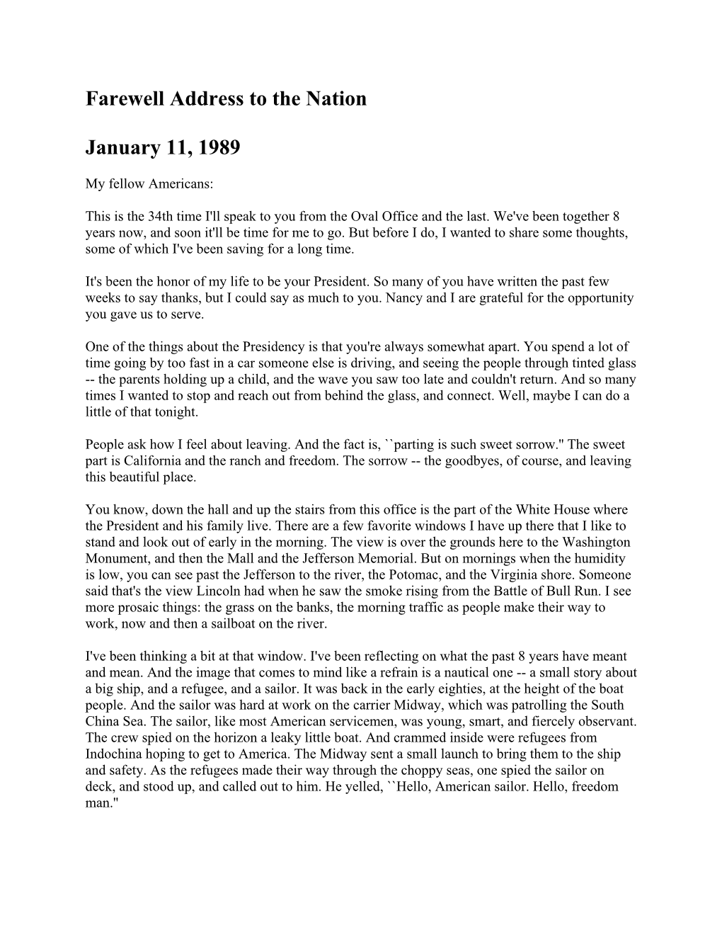 Farewell Address to the Nation January 11, 1989