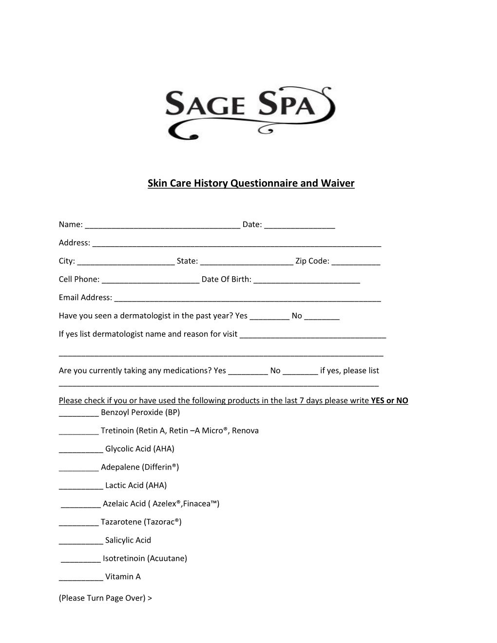 Skin Care History Questionnaire and Waiver