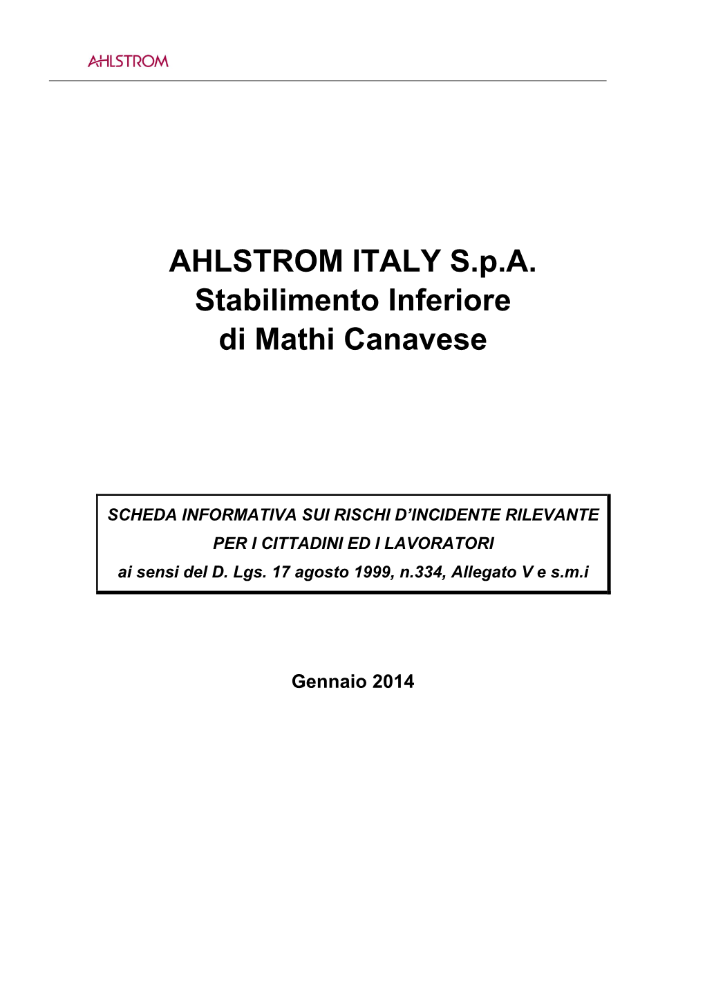 AHLSTROM ITALY Spa Stabilimento Inferiore Di Mathi Canavese
