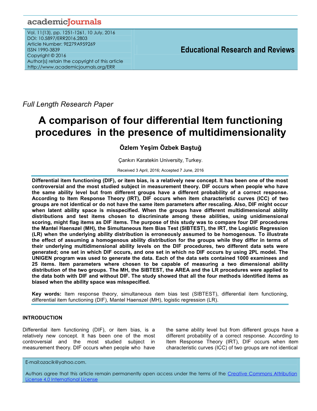 A Comparison of Four Differential Item Functioning Procedures in the Presence of Multidimensionality