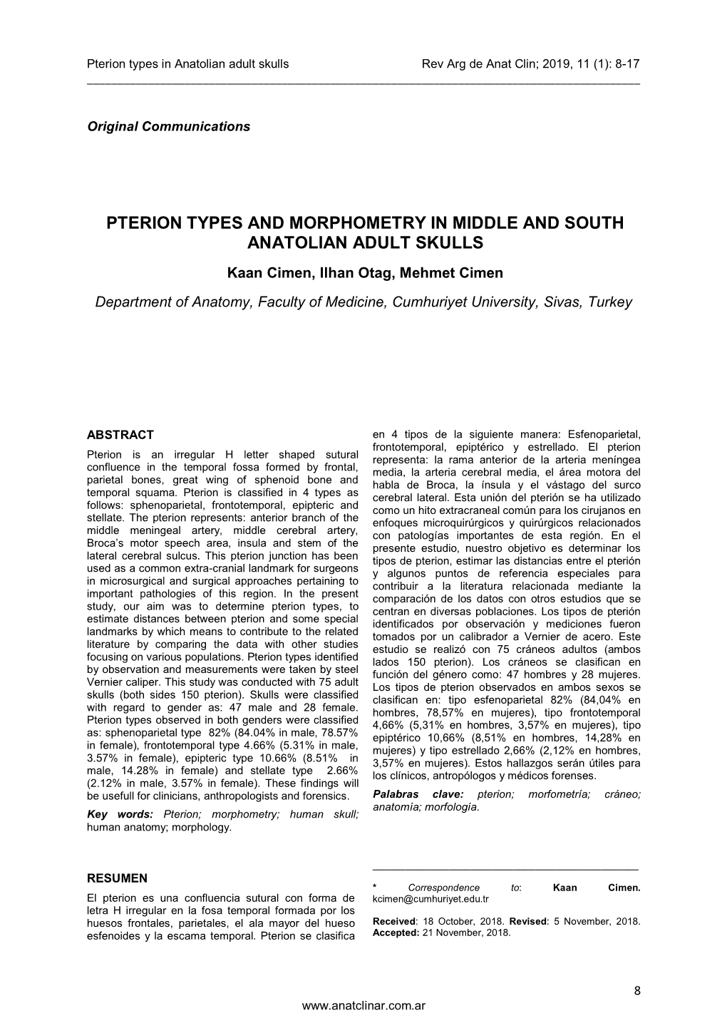 Pterion Types and Morphometry in Middle and South Anatolian Adult Skulls