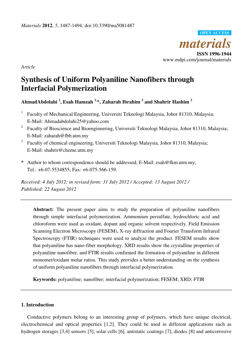 Synthesis of Uniform Polyaniline Nanofibers Through Interfacial Polymerization