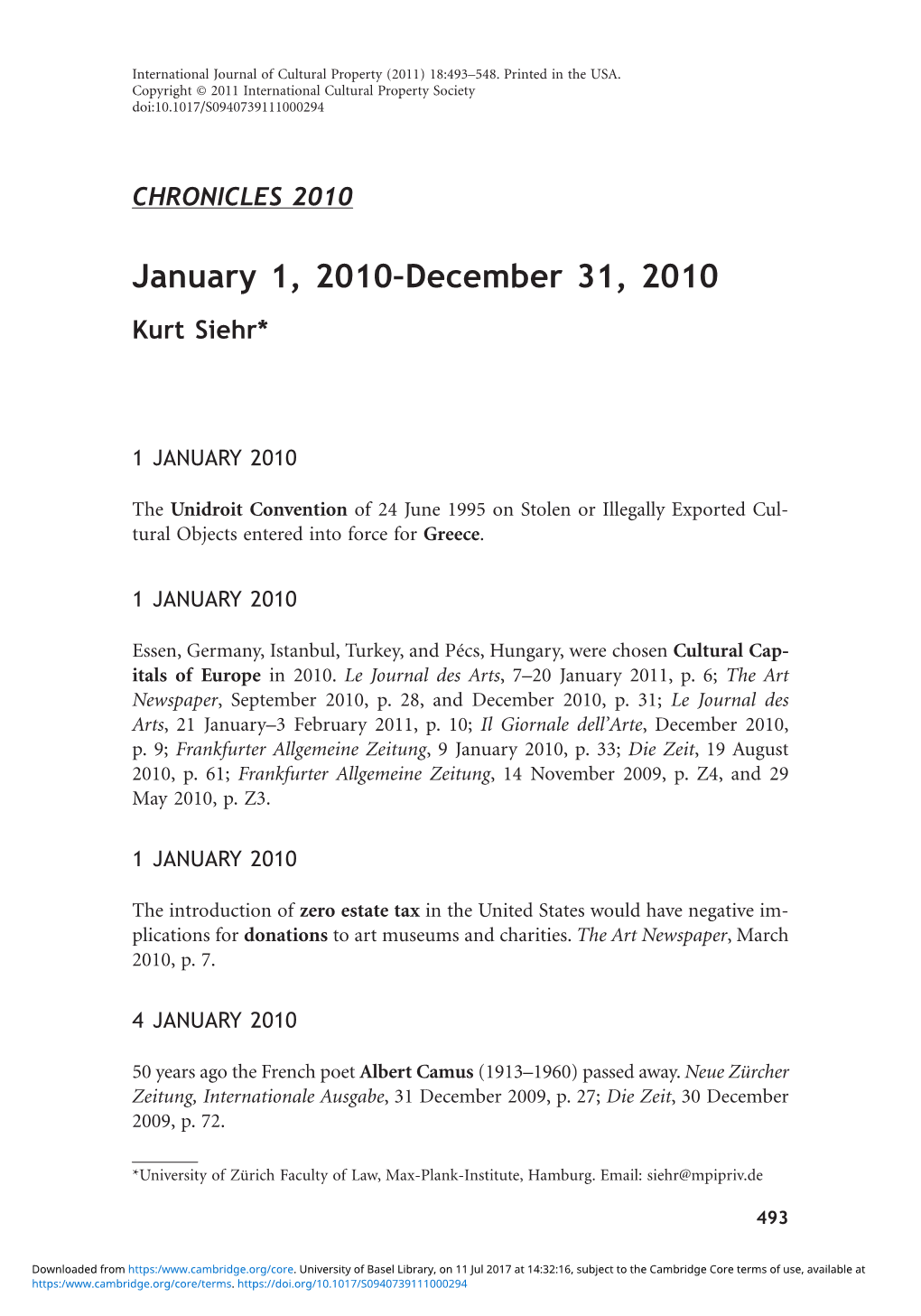 January 1, 2010–December 31, 2010 Kurt Siehr*