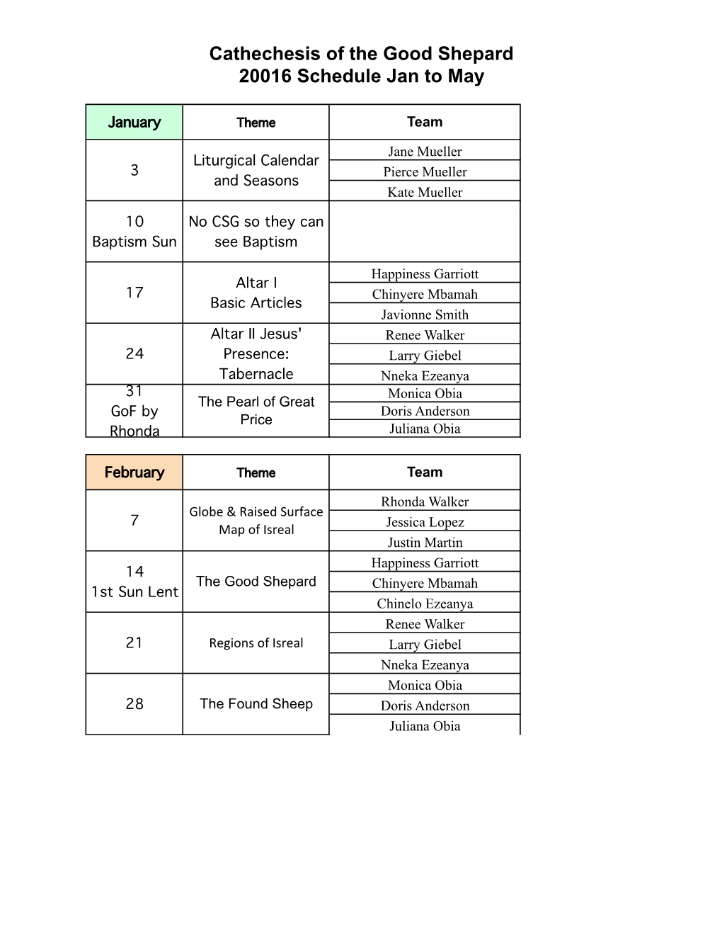 Cathechesis of the Good Shepard 20016 Schedule Jan to May