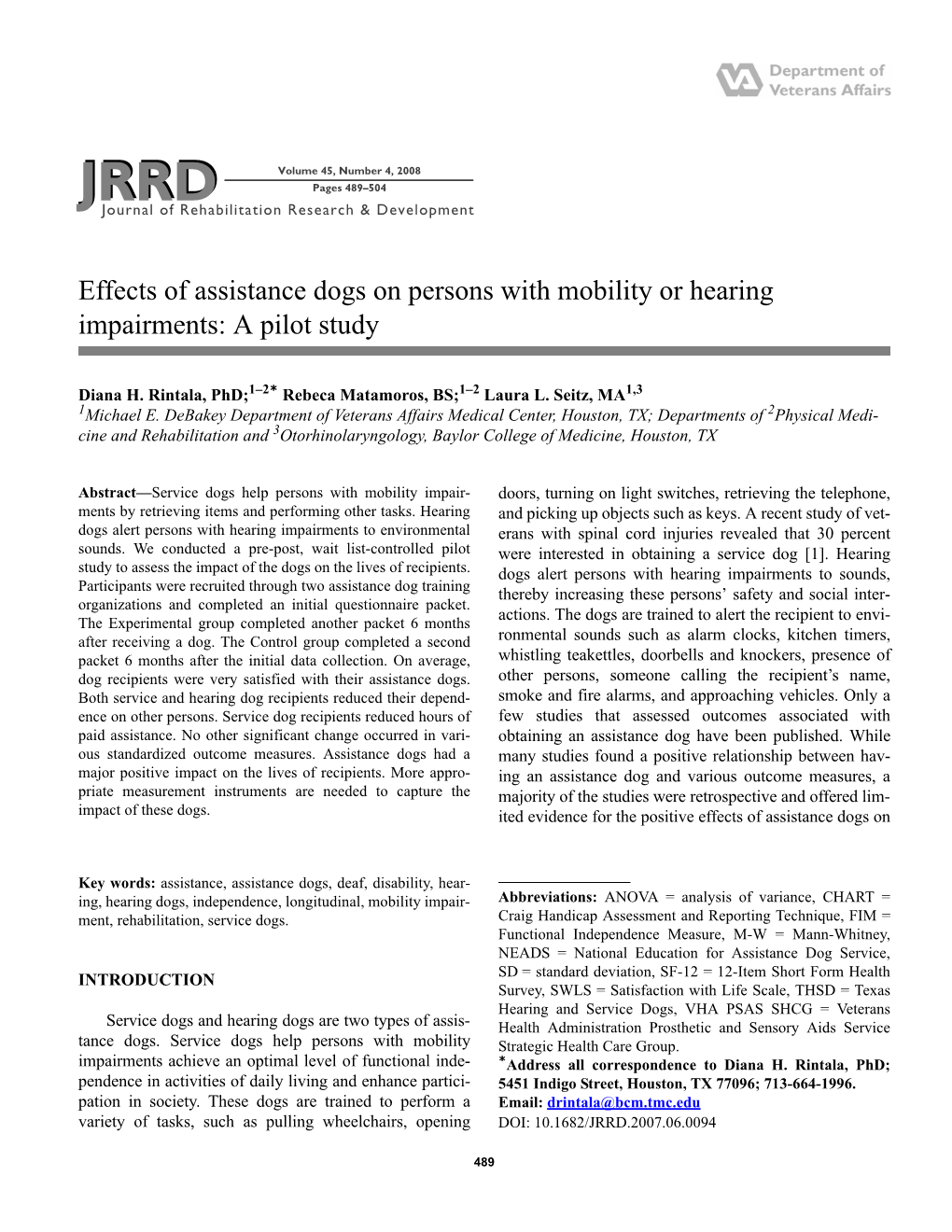 Effects of Assistance Dogs on Persons with Mobility Or Hearing Impairments: a Pilot Study