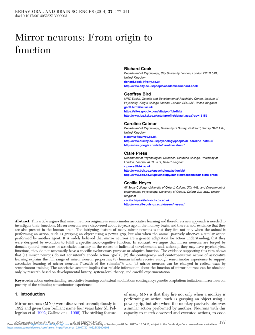 Mirror Neurons: from Origin to Function