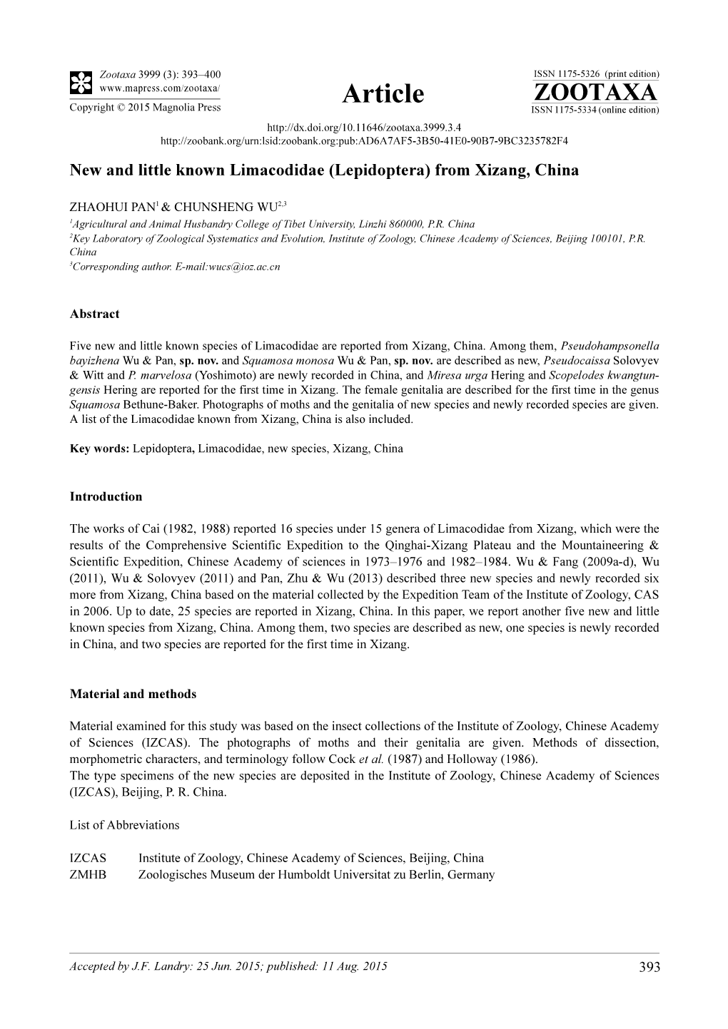 New and Little Known Limacodidae (Lepidoptera) from Xizang, China