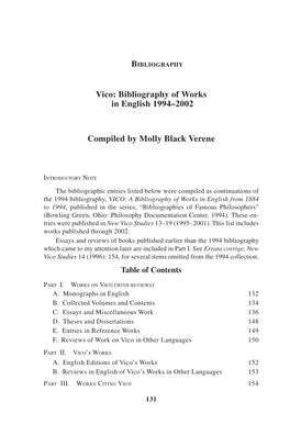 Vico: Bibliography of Works in English 1994–2002