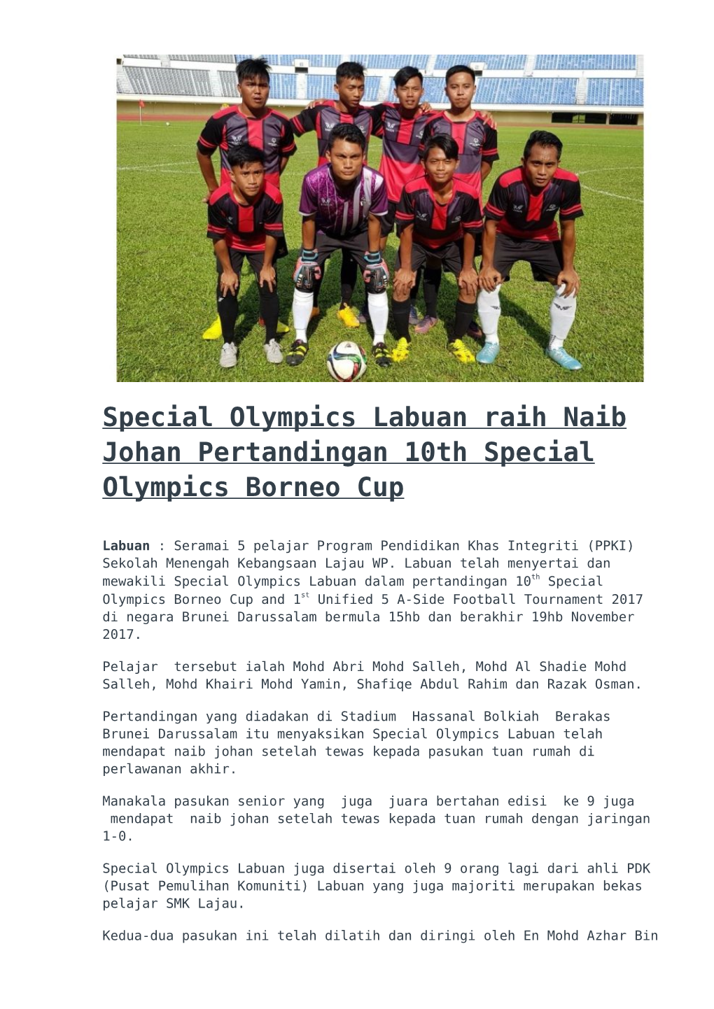 Special Olympics Labuan Raih Naib Johan Pertandingan 10Th Special Olympics Borneo Cup