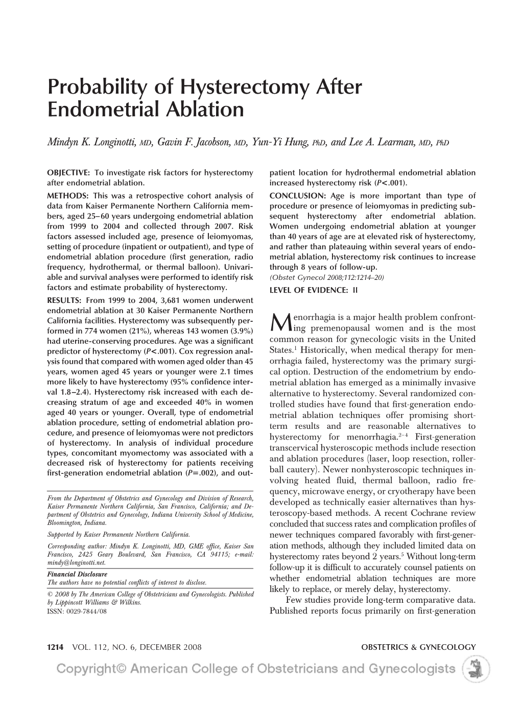 Probability of Hysterectomy After Endometrial Ablation