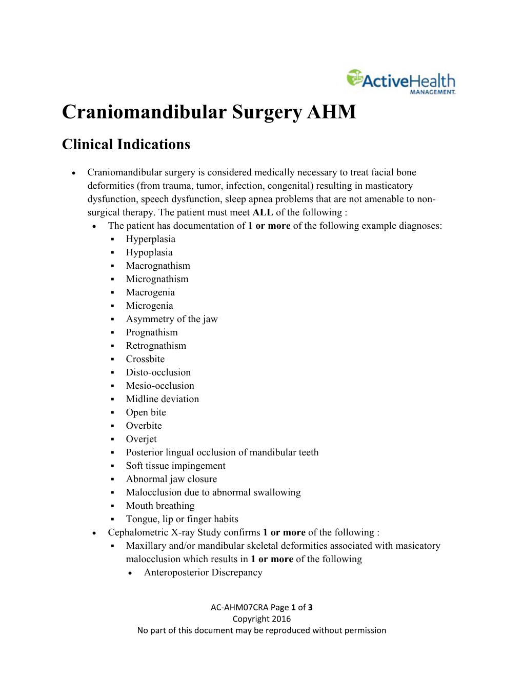 Craniomandibular Surgery AHM Clinical Indications