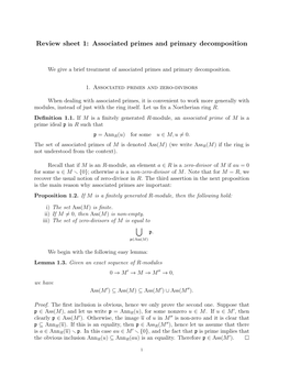 Review Sheet 1: Associated Primes and Primary Decomposition