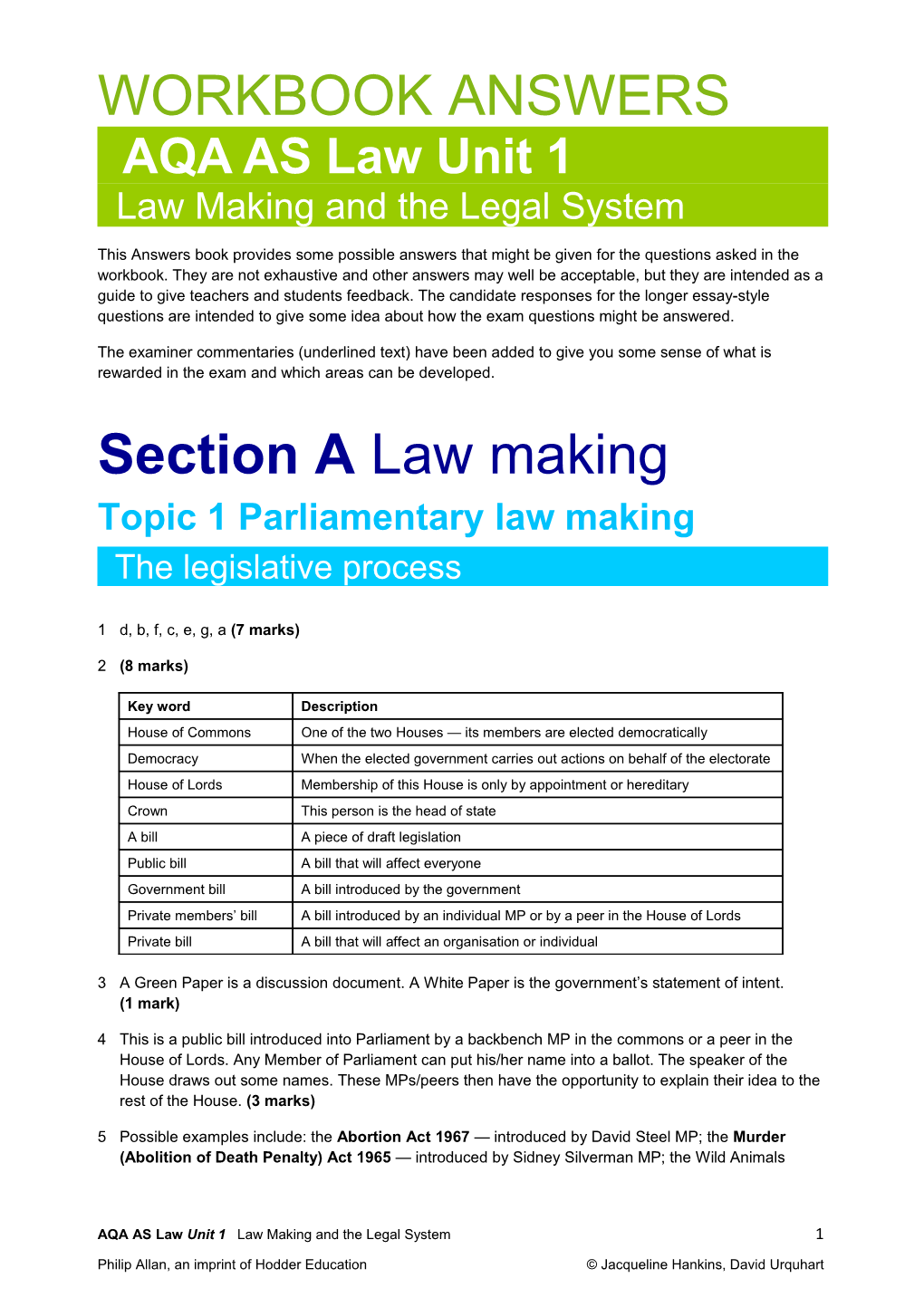 AQA AS Law Unit 1 WORKBOOK ANSWERS