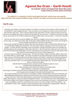Against the Grain – Garth Hewittt an Eclectic Choice of Songs from Down the Yearss Songs of Peace, Protest, Poetry and Prayerr