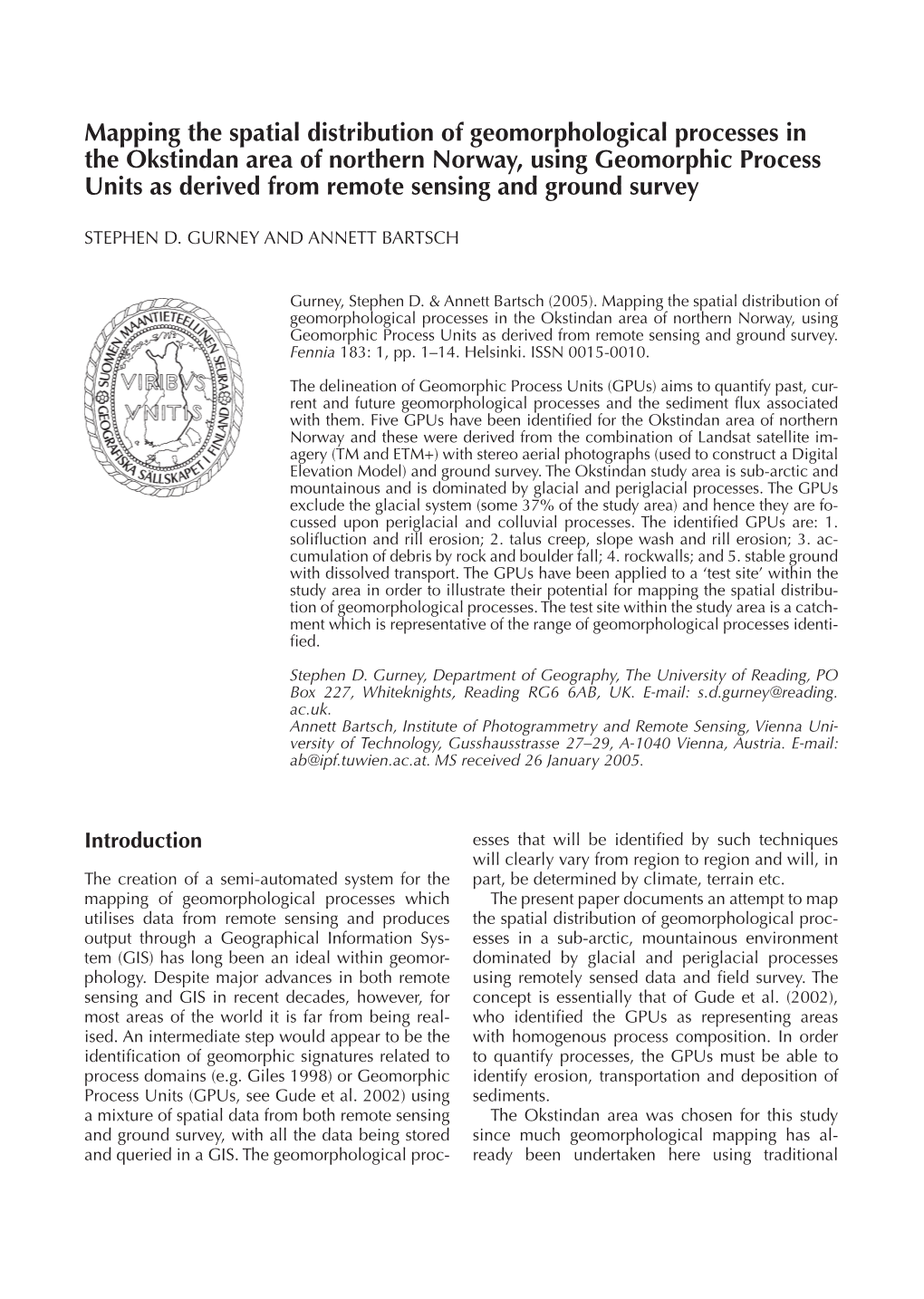 Mapping the Spatial Distribution of Geomorphological Processes in The