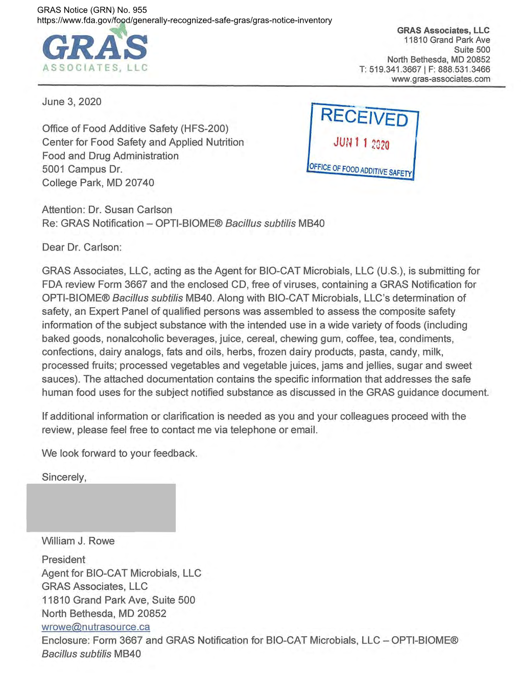 GRAS Notice GRN 955-OPTI-BIOME Bacillus Subtilis MB40