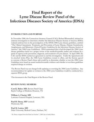 Final Report of the Lyme Disease Review Panel of the Infectious Diseases Society of America (IDSA)