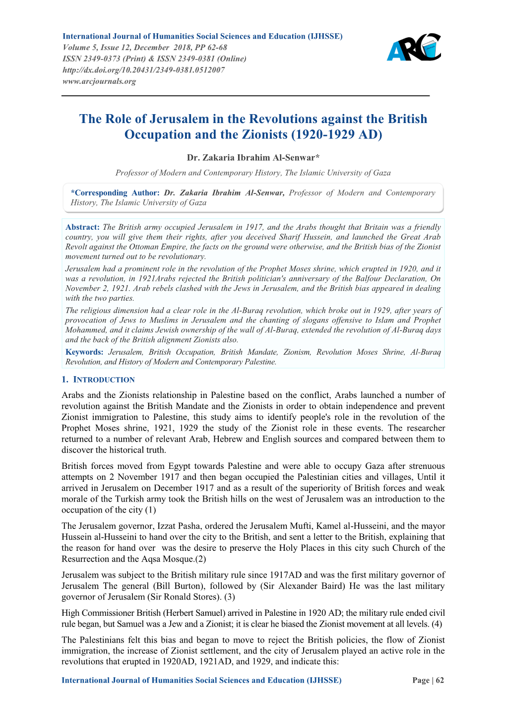 The Role of Jerusalem in the Revolutions Against the British Occupation and the Zionists (1920-1929 AD)