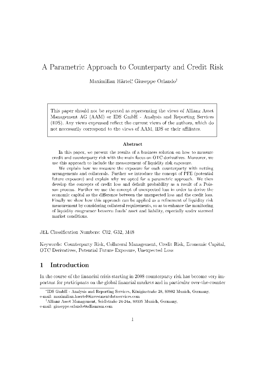 A Parametric Approach to Counterparty and Credit Risk