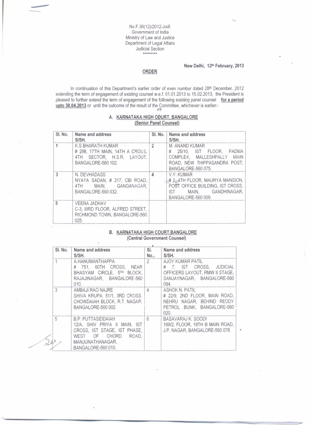 Karnataka High Court Panel