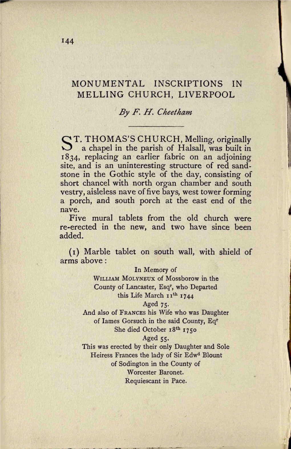 144 Monumental Inscriptions in Melling Church, Liverpool
