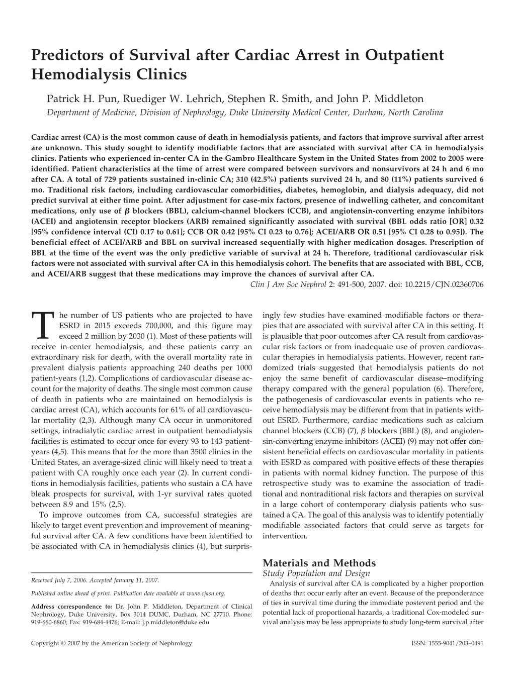 Predictors of Survival After Cardiac Arrest in Outpatient Hemodialysis Clinics