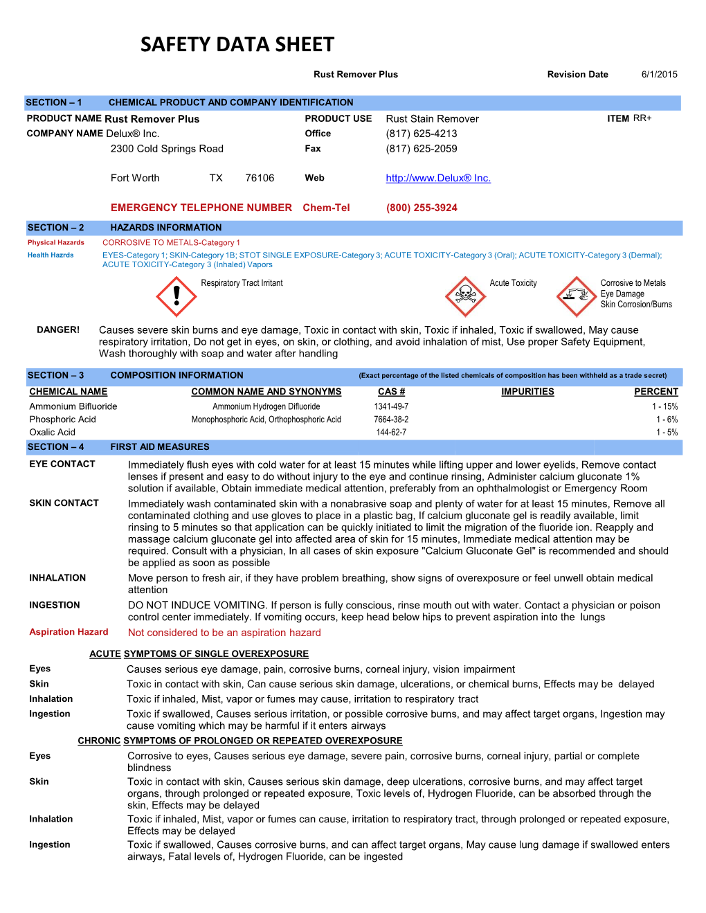 Rust Remover Plus Safety Data Sheet