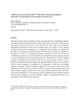 The GTA's Microelectronics Industry and the Role of Non-Market