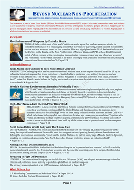 Beyond Nuclear Non-Proliferation Newsletter for Strengthening Awareness of Nuclear Abolition with February 2013 Articles